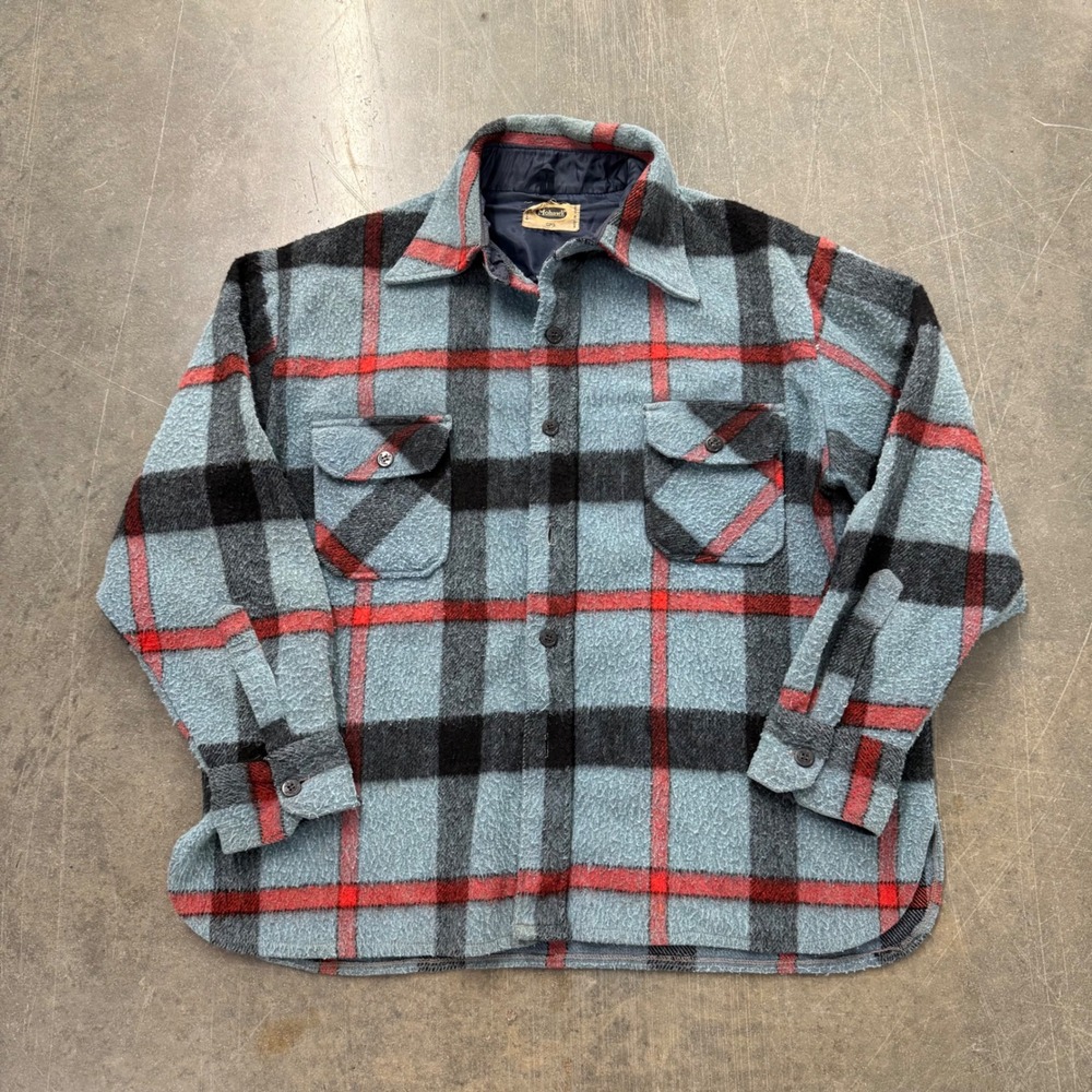 Vintage 60s Mohawk CPO Shirt Jacket Mens XL Blue Plaid Wool Blend Heavy Flannel